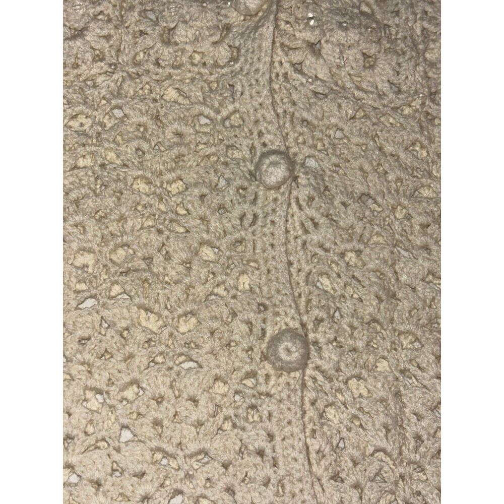 Vintage Cream Cable Knit V-Neck Beaded Sweater Vest Size Medium